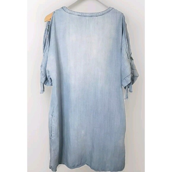 Blue Rain Tencel Chambray Dress Women's M Blue Embroidered Floral Slit Sleeve - Picture 7 of 9